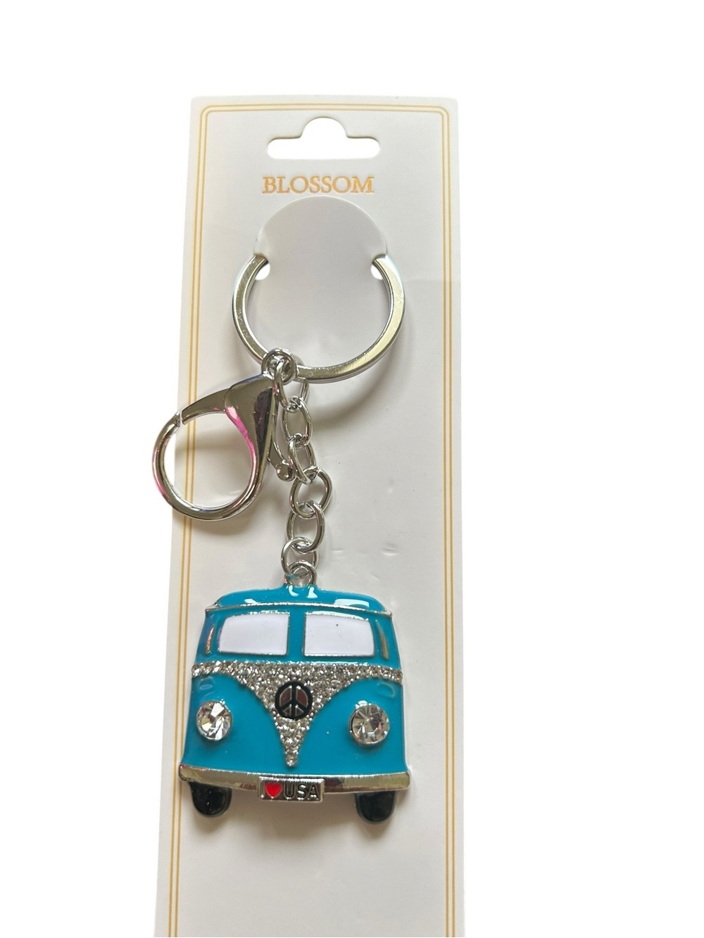 Blossom Rhinestone Hippie Minivan Keychain VW Bus Peace Sign Key Ring NEW